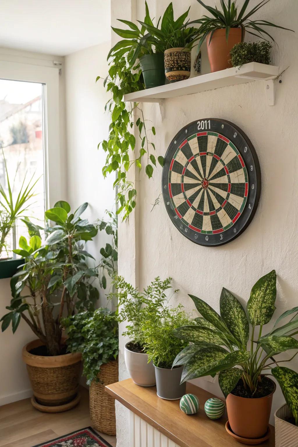Nature's touch with plants enhancing the dart board area.