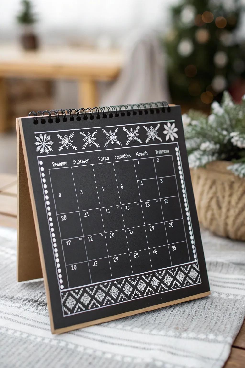 An elegant chalkboard calendar featuring Nordic motifs.