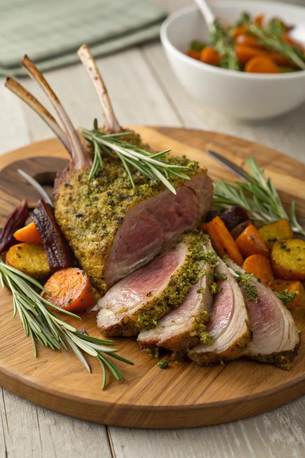 Herb-crusted rack of lamb, a refined choice for a festive December dinner.