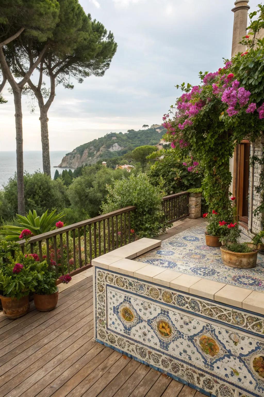 Mosaic fascia infuses your deck with vibrant, Mediterranean charm.