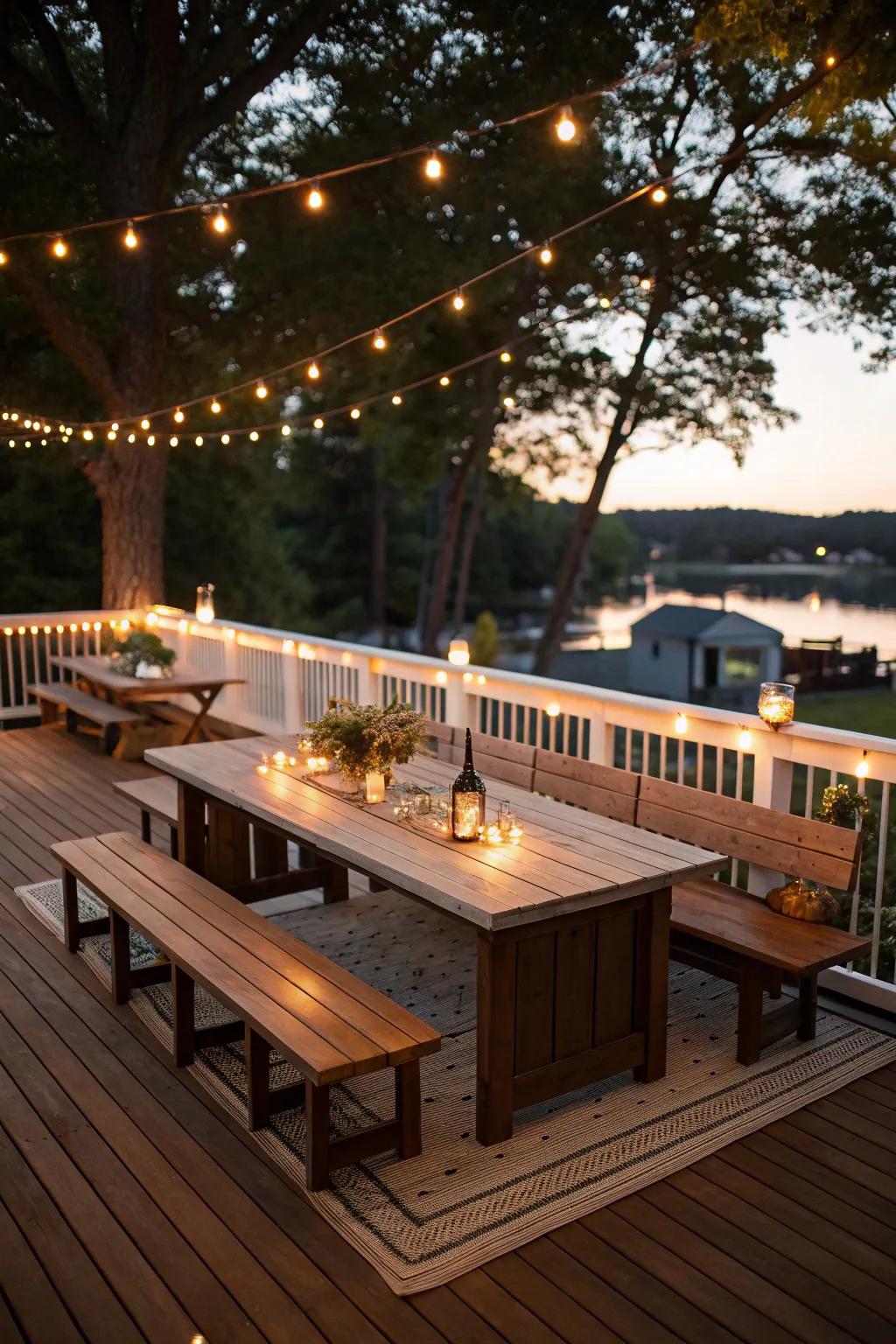 Built-in dining benches make outdoor dining a breeze.
