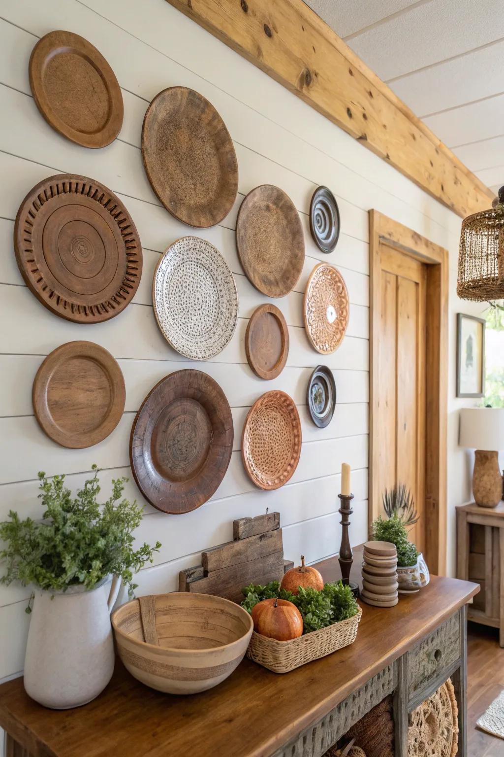 Rustic plates matched with wood decor make for a cozy atmosphere.
