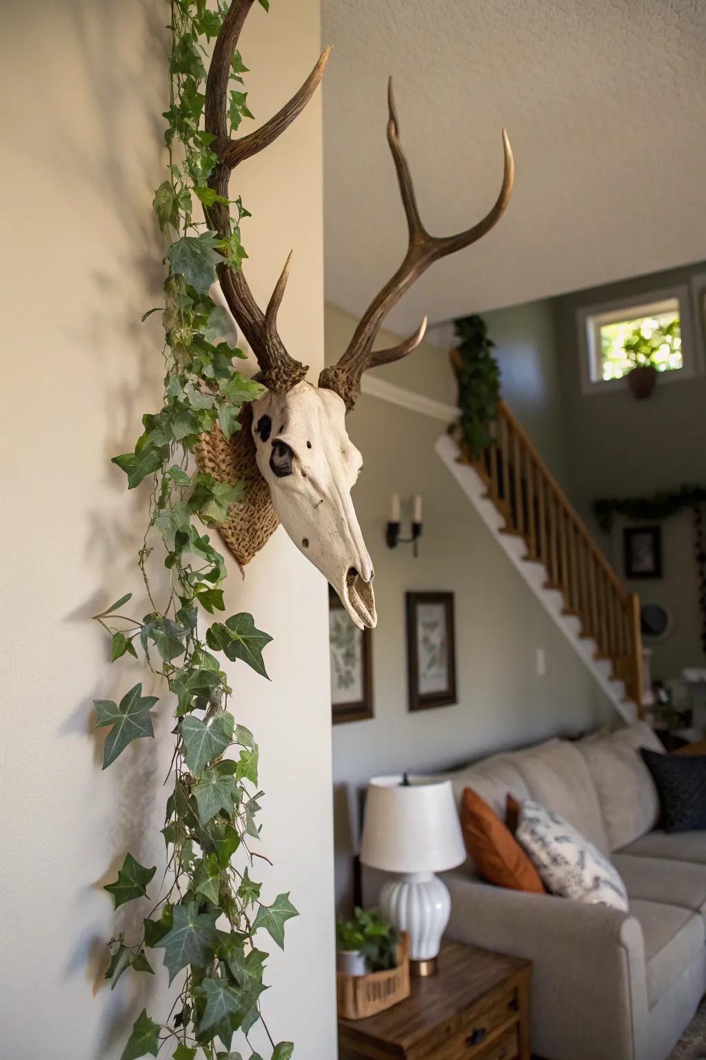 Greenery accents add a fresh touch to this deer skull display.