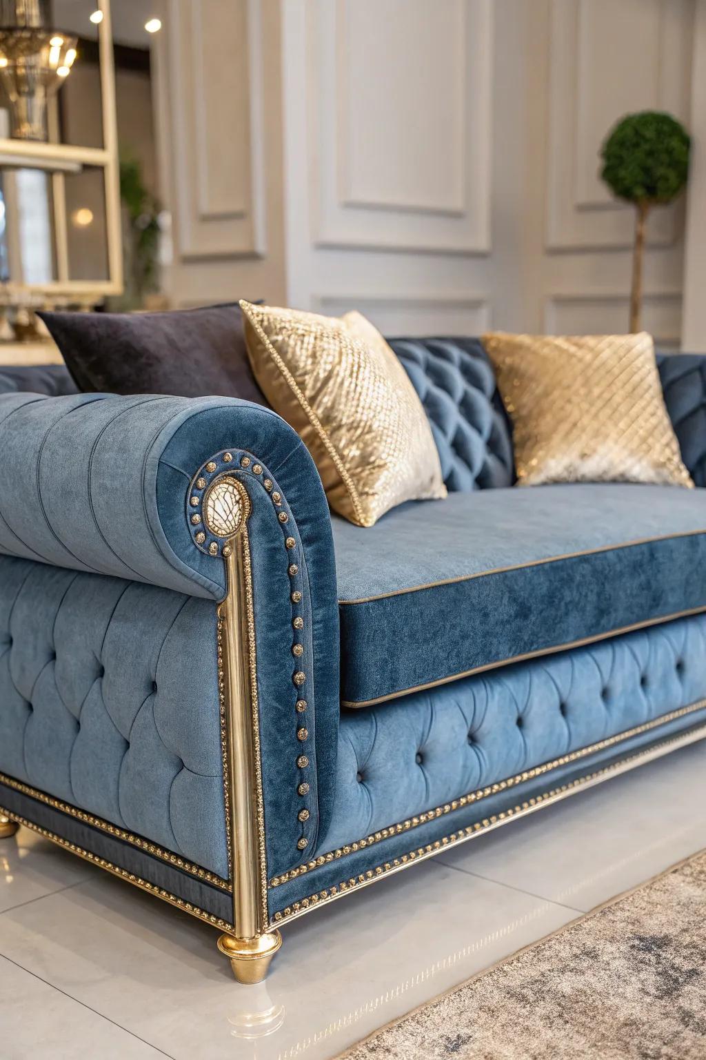 Glamorous accents inject elegance into a cerulean couch.