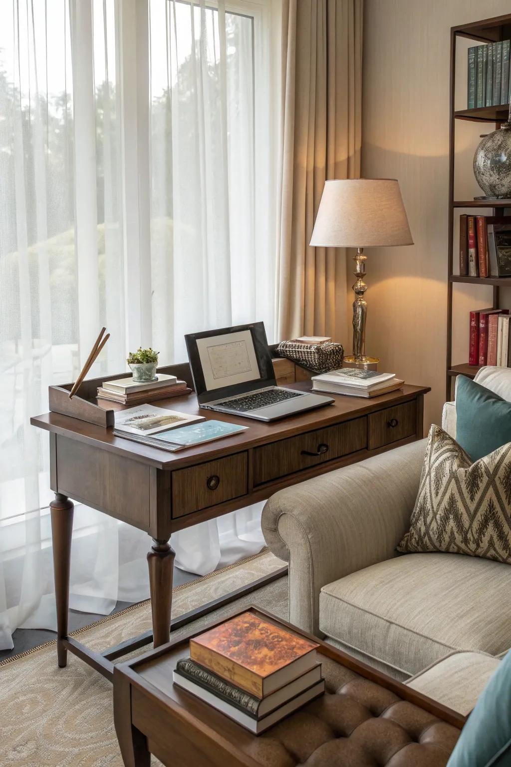 A behind-the-sofa desk creates a subtle and functional workspace.