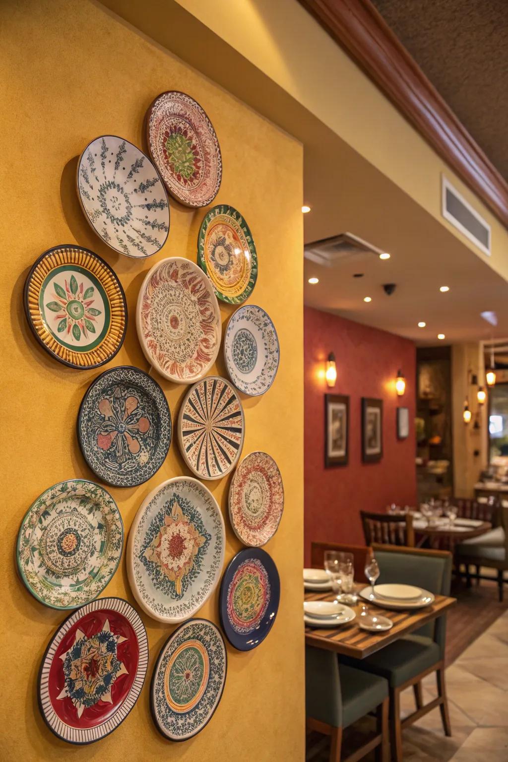 Plate mosaics metamorphose walls into artistic focal constituents.