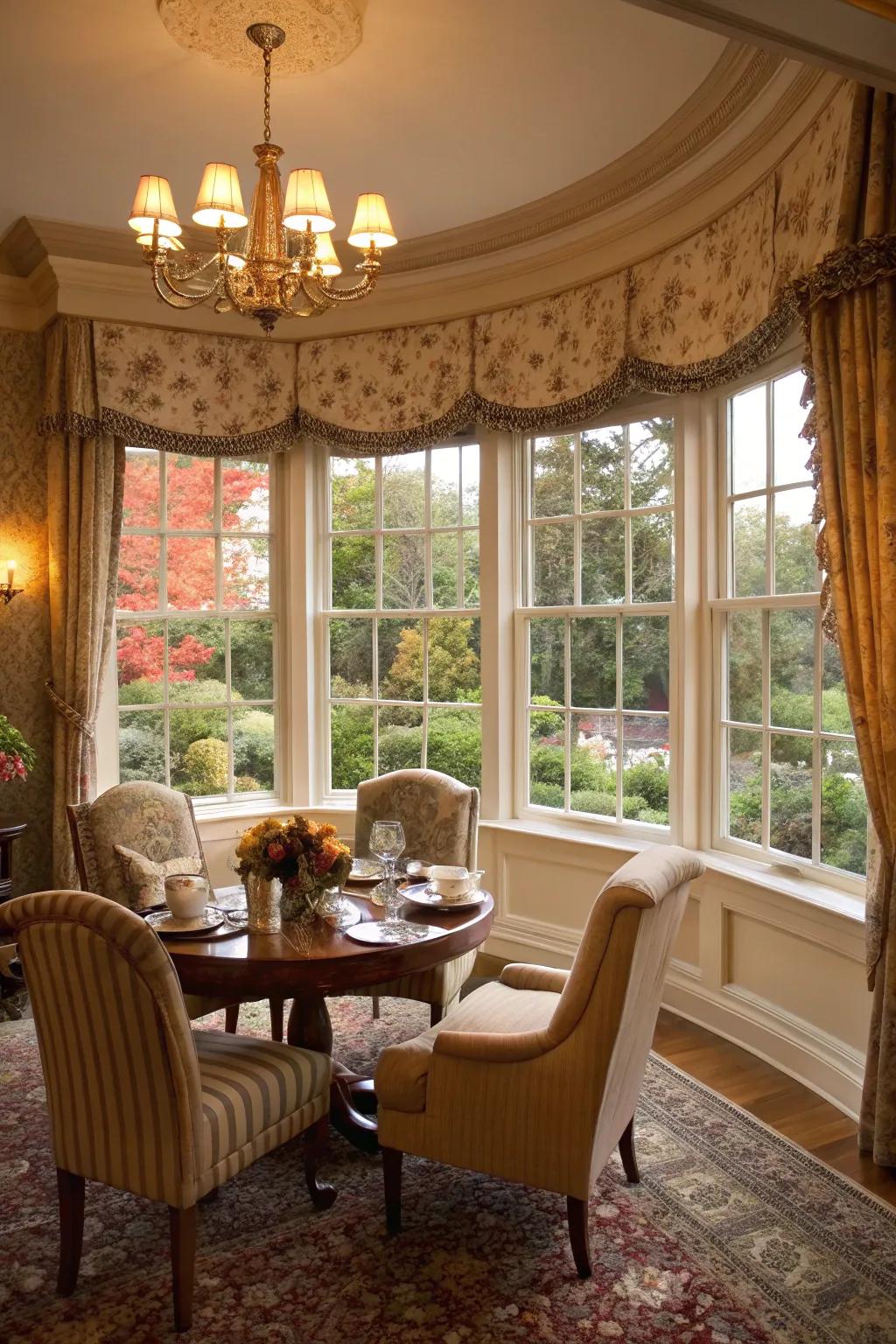 Bay windows impart opulence and provide expansive views in your dining area.