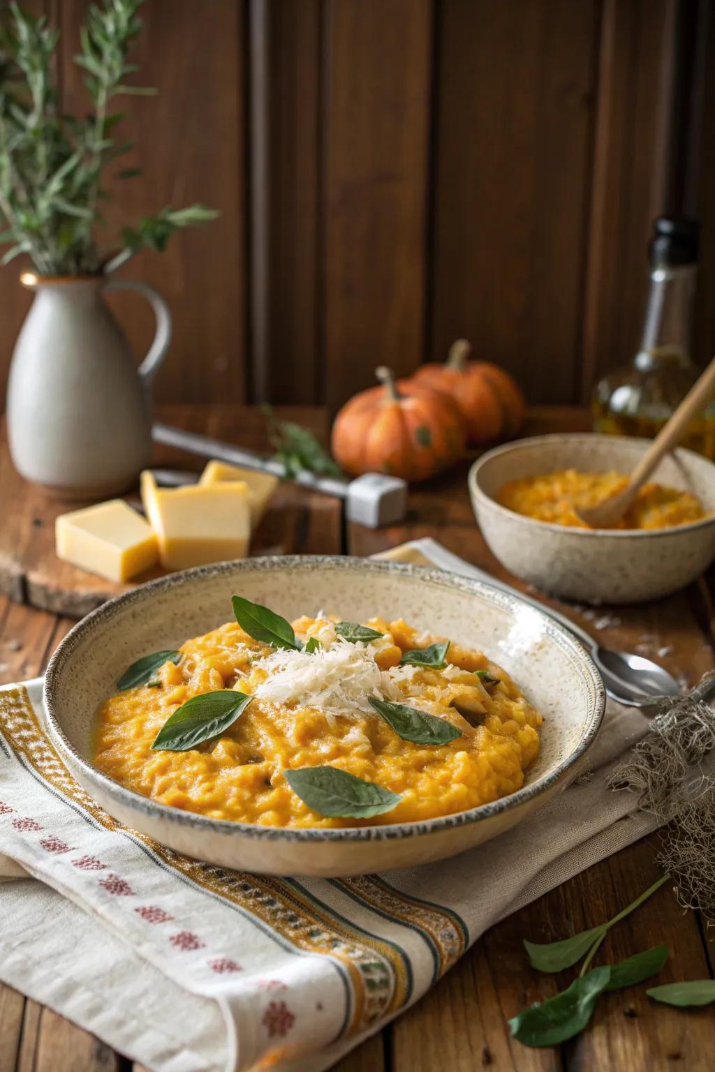Creamy winter squash risotto adorned with sage and Parmesan.