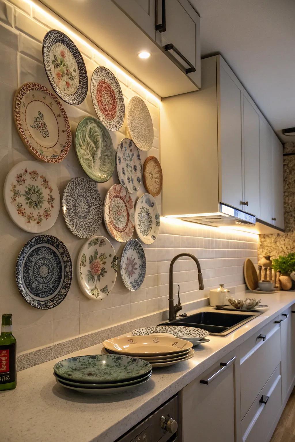 Ornamental dishes furnish a sentimental and vibrant kitchen accent.
