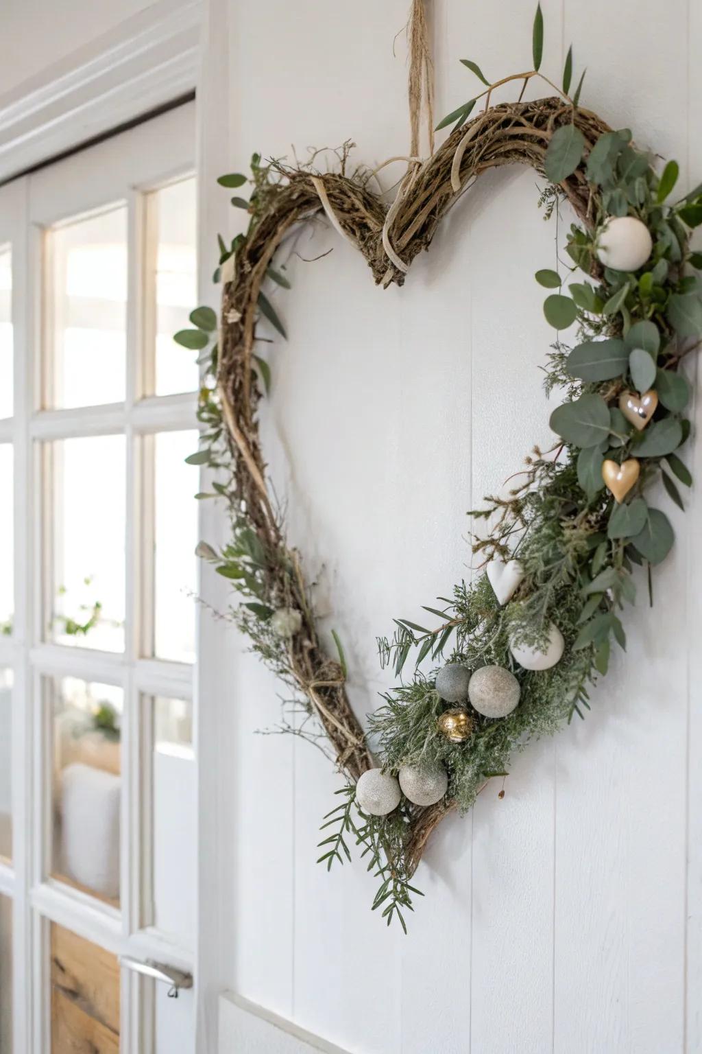 Elevate your holiday decor with a heart-shaped wreath that combines minimalist elegance with a boho twist.