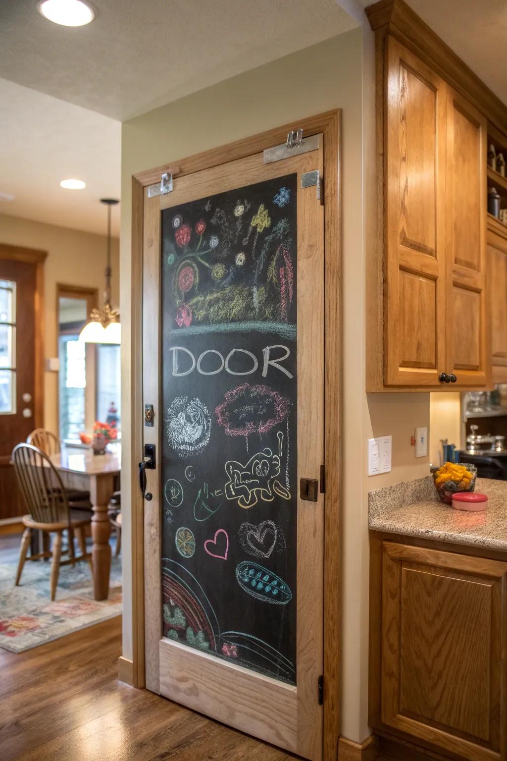A chalkboard door furnishes a canvas for ingenuity and organization.