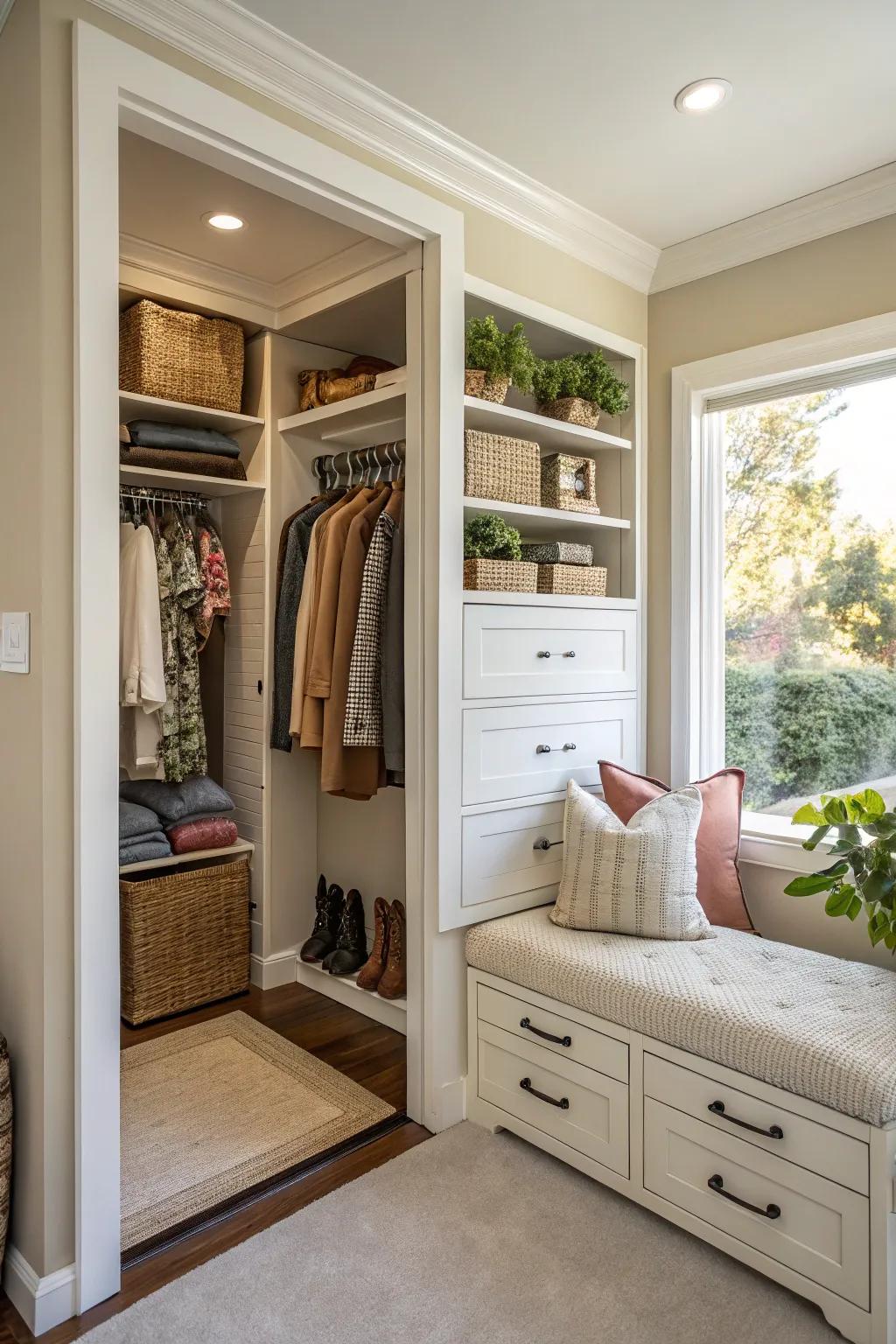 A seating area within a double closet provides comfort and flair.