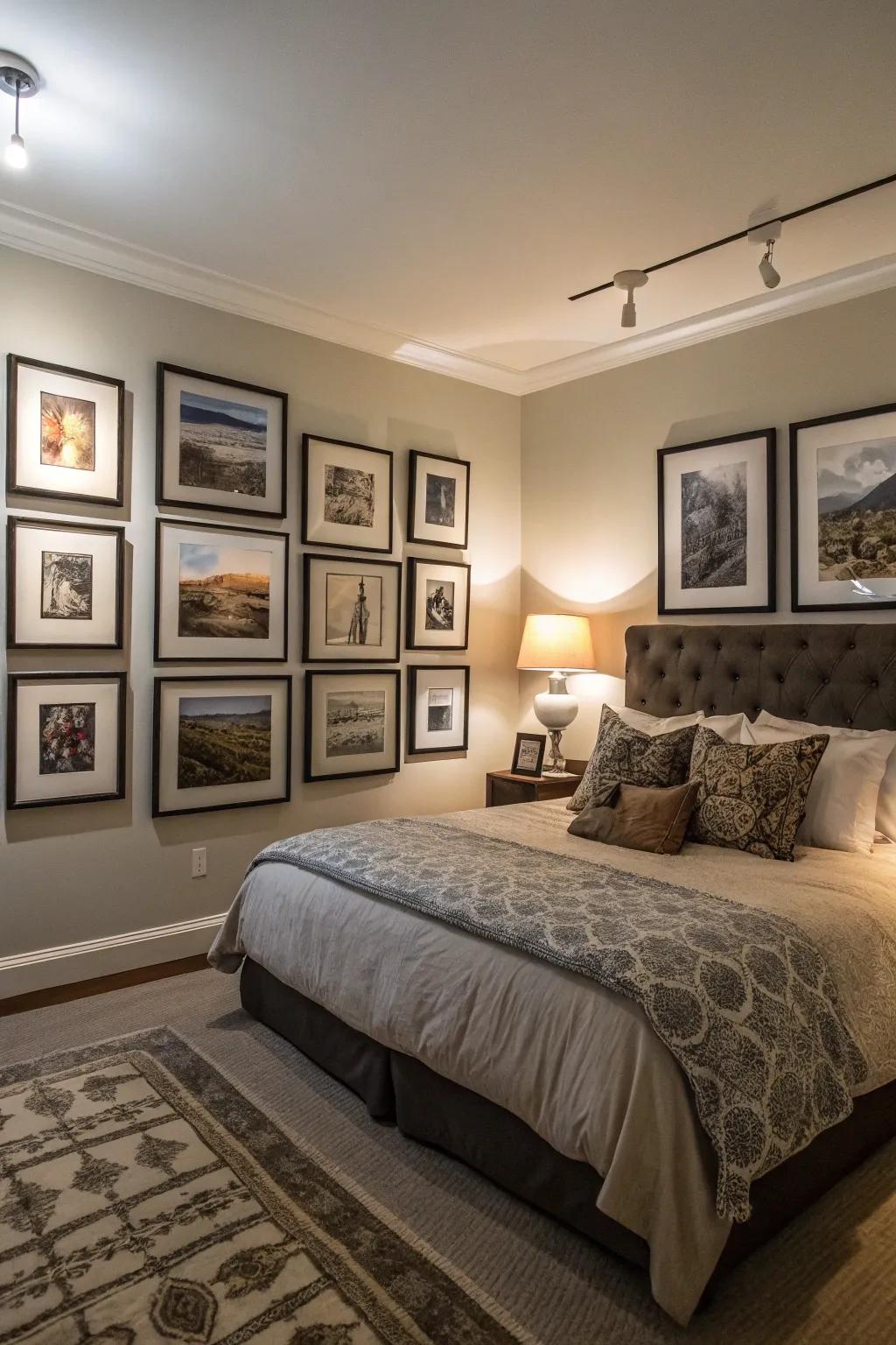 A gallery display within dark frames imparts sophistication and a personal touch.