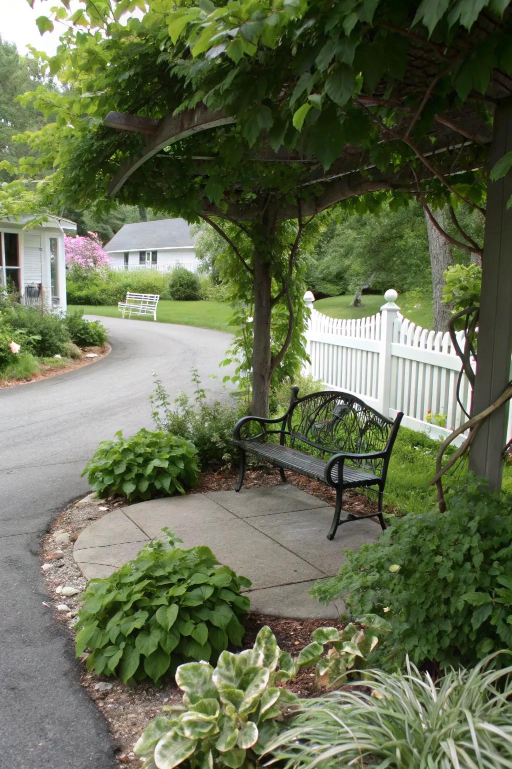 A seating precinct furnishes a cozy alcove upon the berm.