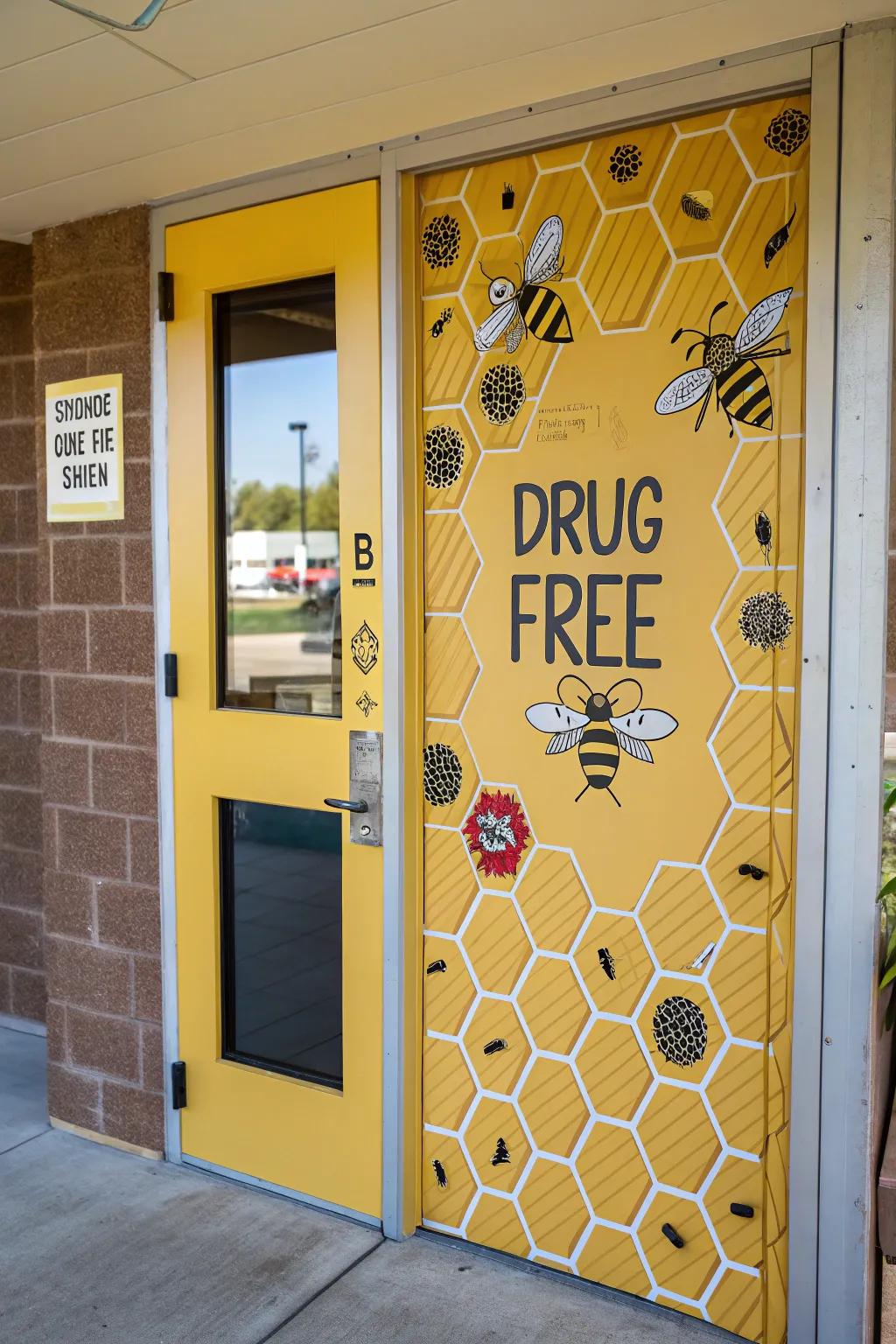 A bee-themed entrance decor with a substance-free message.
