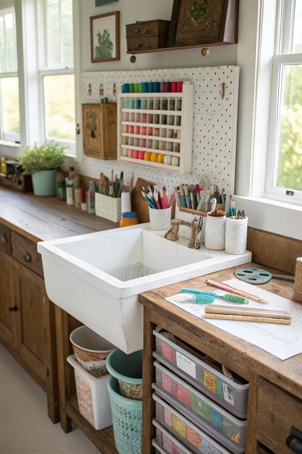 A crafting nook created from a versatile dry sink.