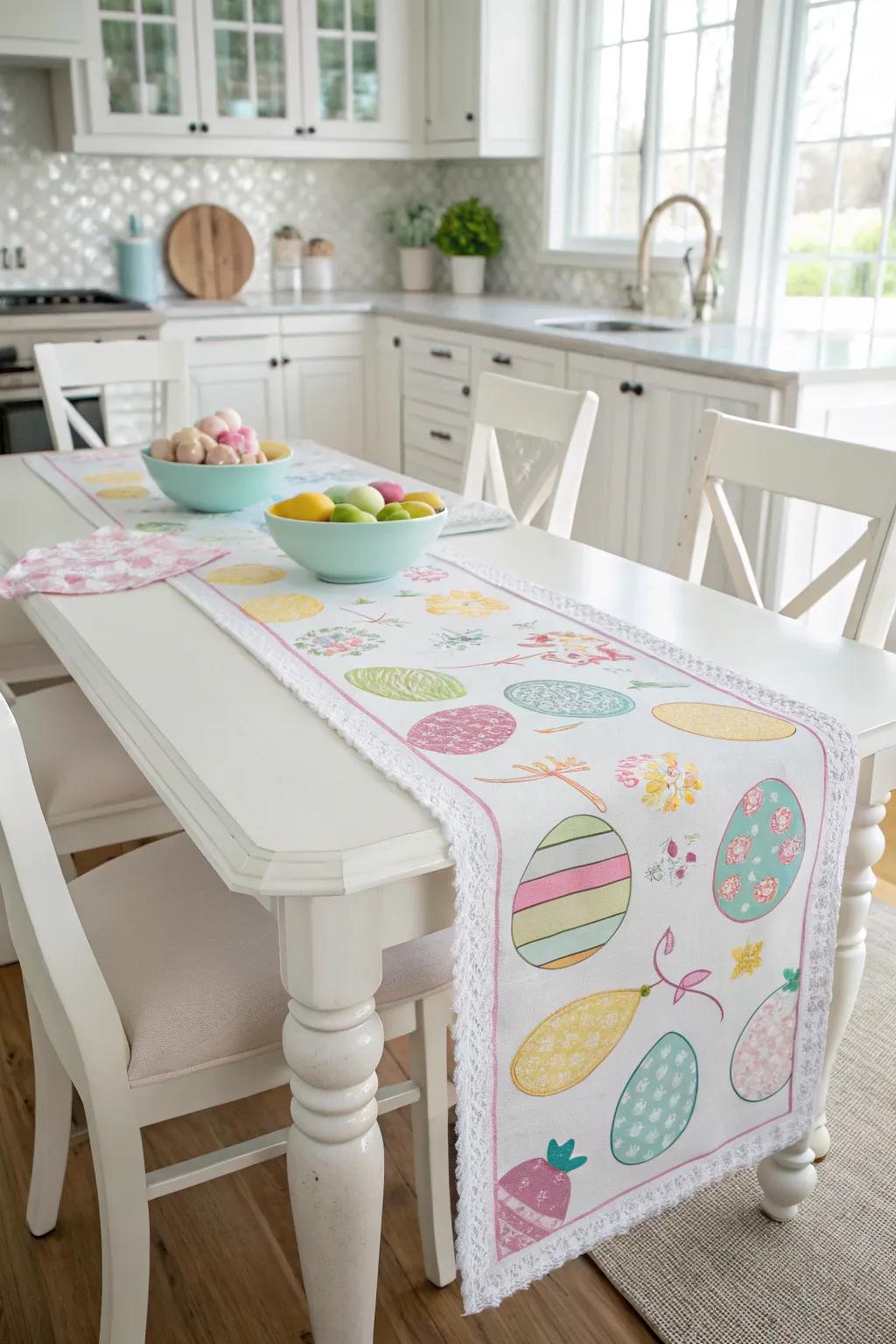 An Easter placement textile introduces color and charm to the kitchen table.