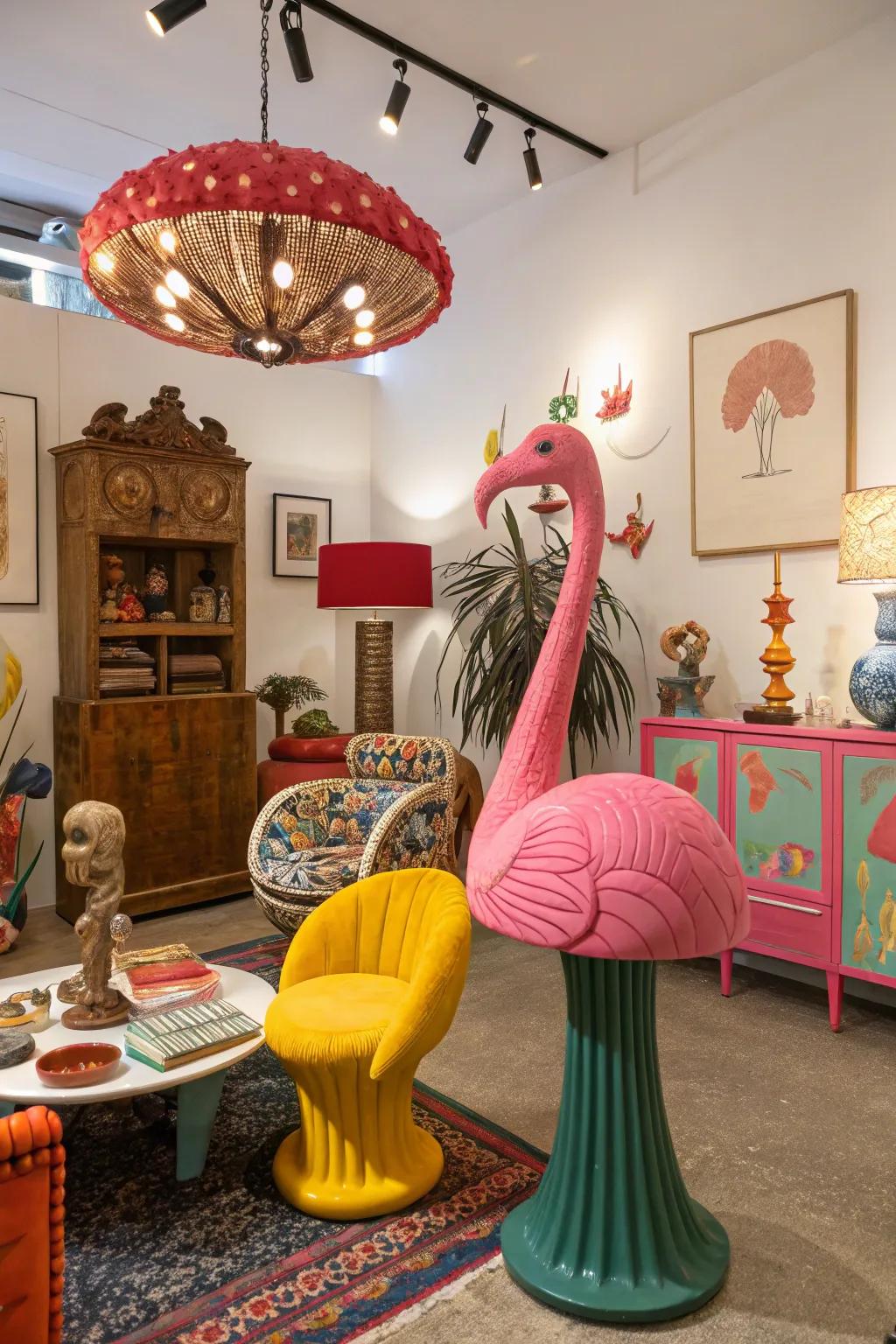 Whimsical components add pizzazz within this diverse room.