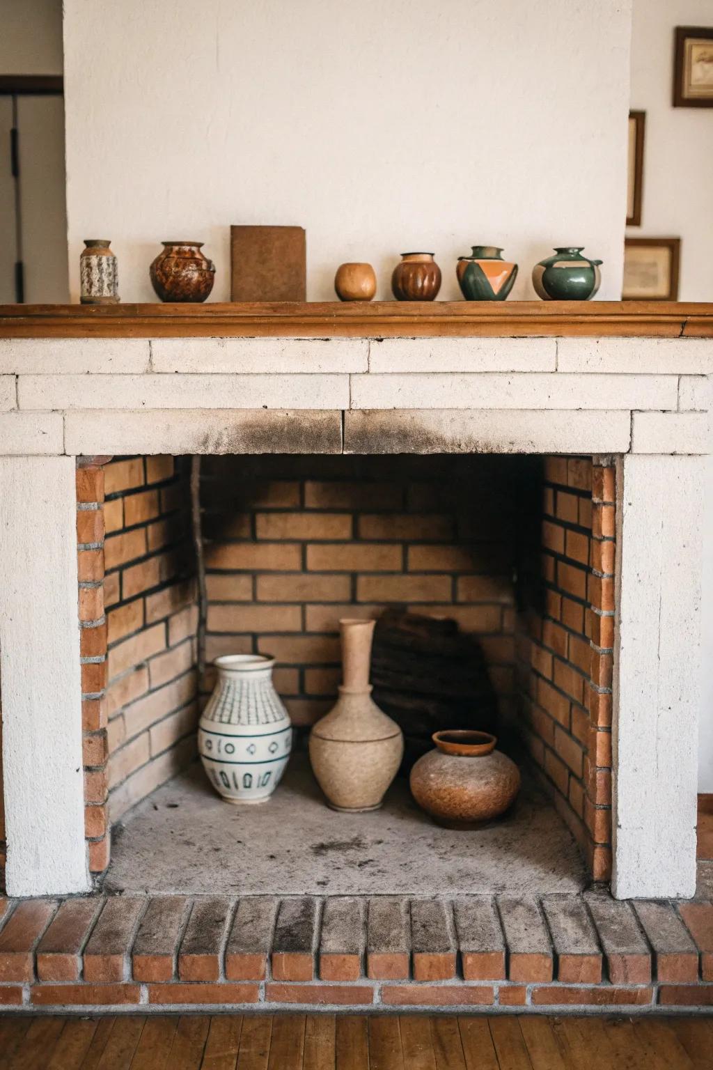 Produce an artistic layout with earthenware in your fireplace.