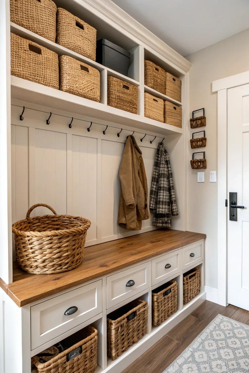 Woven baskets add rustic charm and practicality to entryway cabinets.