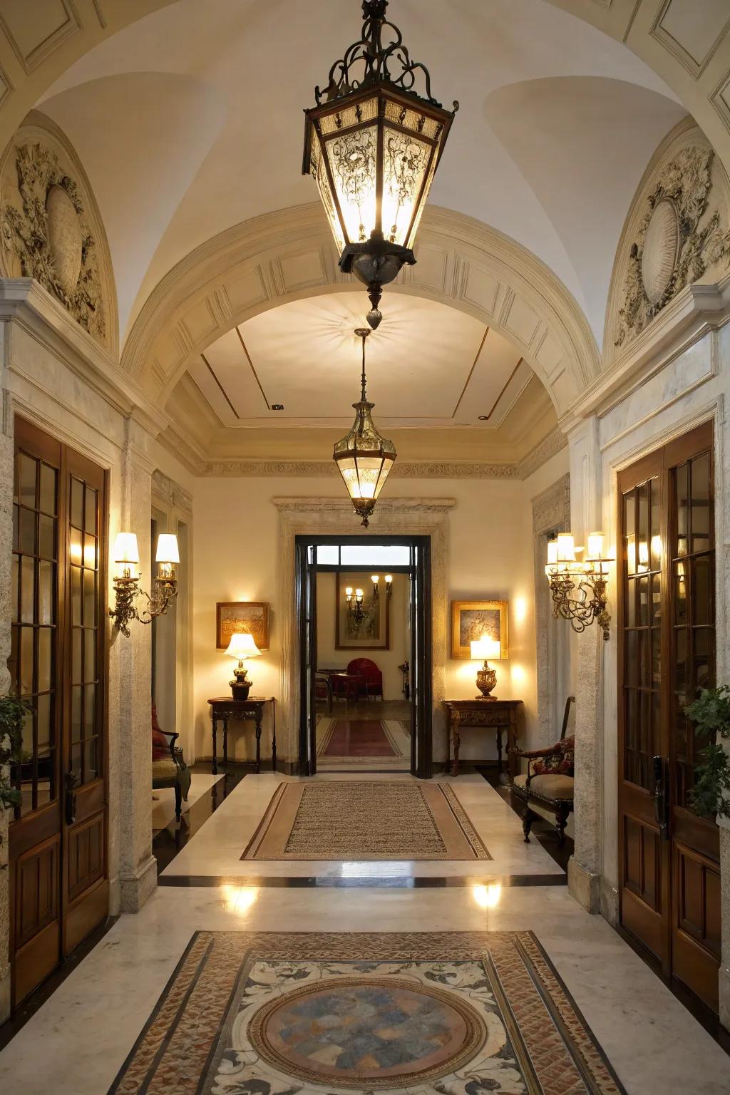 Symmetrical lighting fixtures forge a balanced aesthetic within this traditional entryway.