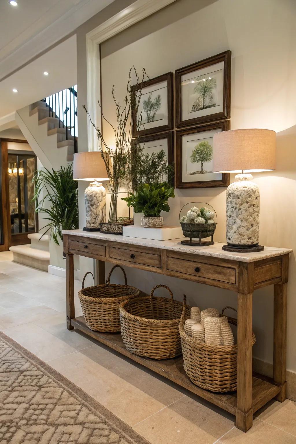 A console alongside baskets combines panache and storage.