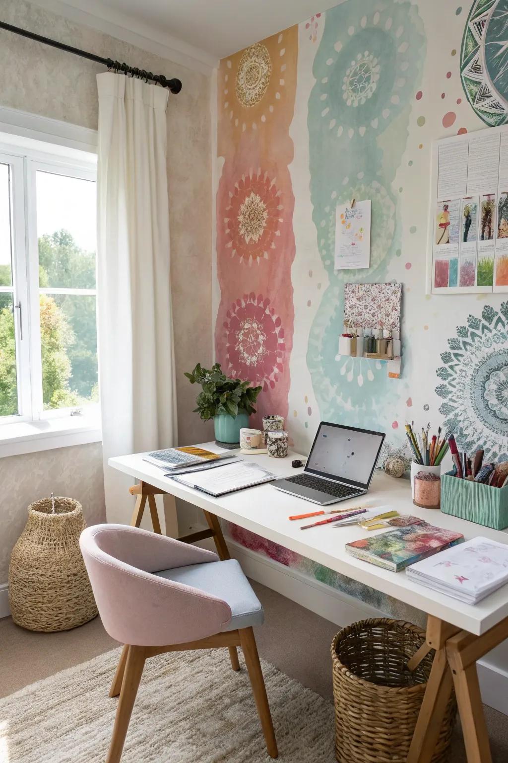 Fabric wallpaper showcasing artistic watercolor illustrations fosters creativity.