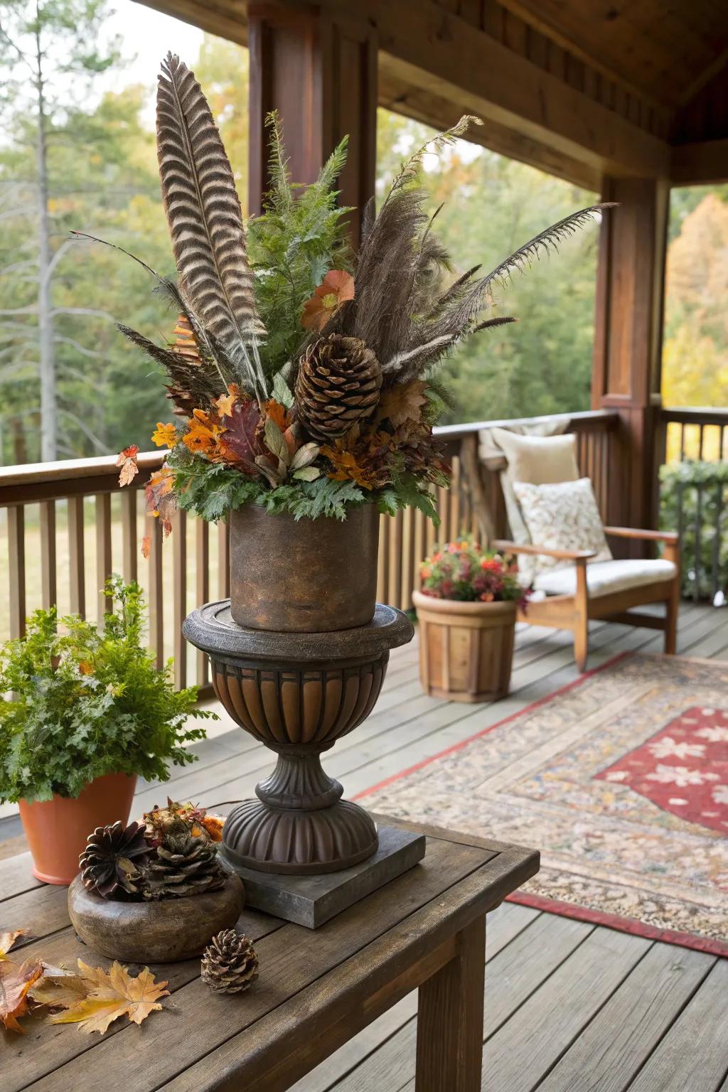 Woodland whimsy with feathers and pinecones in an autumnal urn.