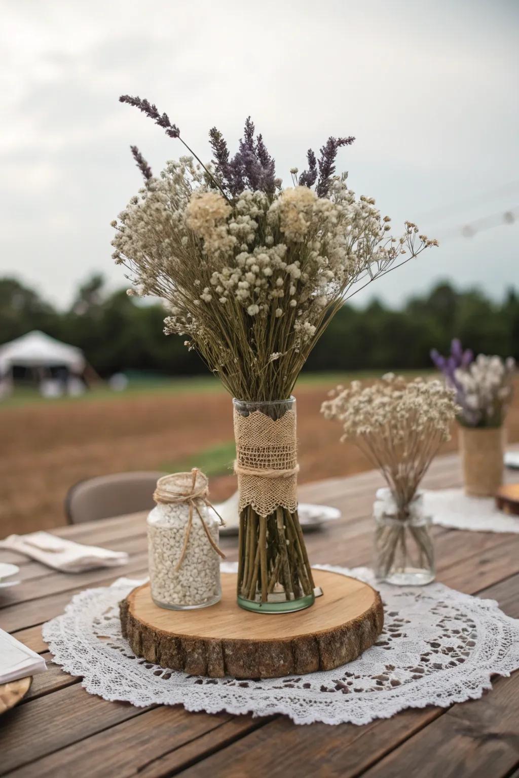 Desiccated flowers add countryside and classic charm to this fall marriage centerpiece.