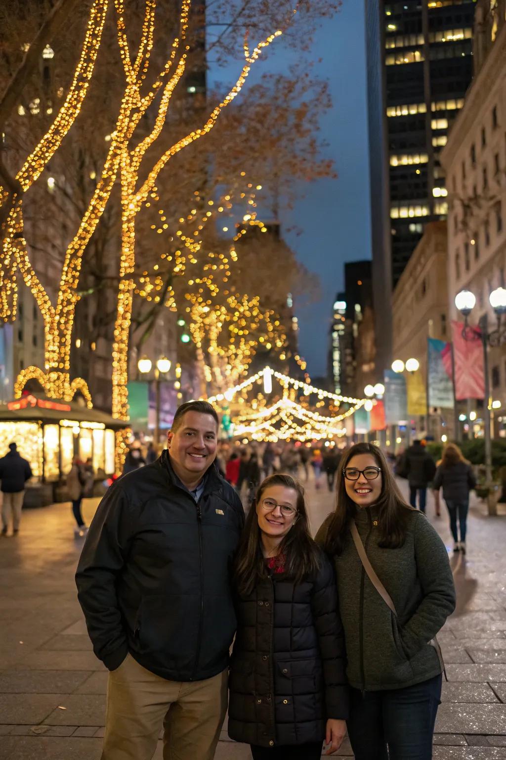 Capture the festive city atmosphere with a backdrop of shimmering lights.