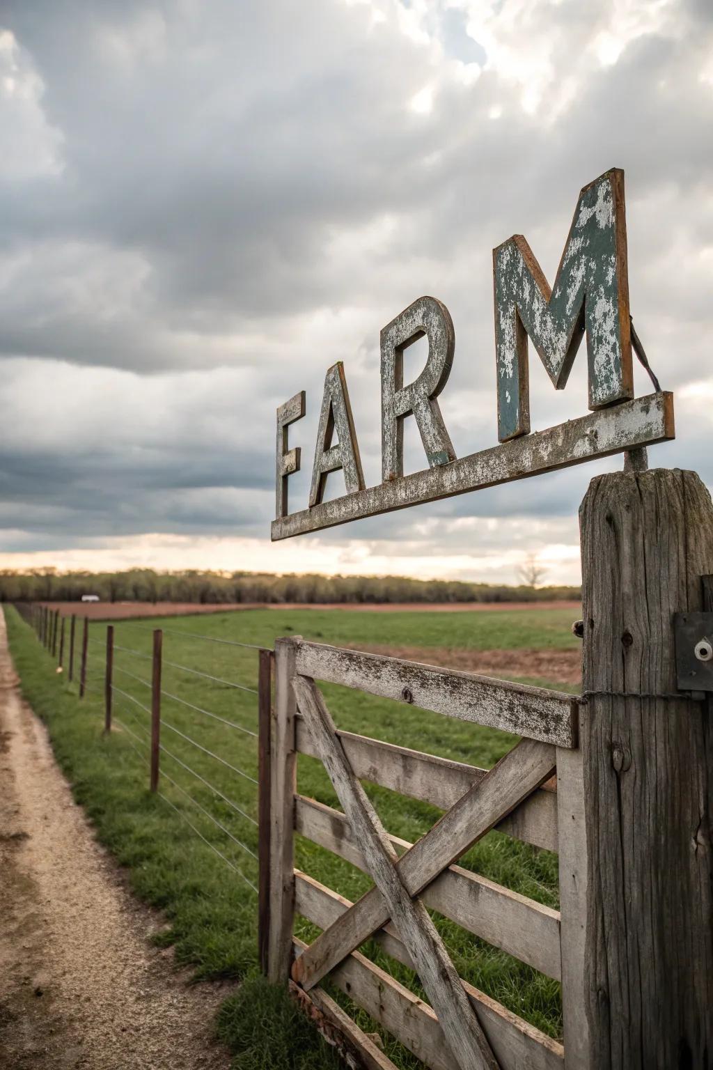 Pastoral allure embodied by weathered metallic lettering adorning a farm sign.