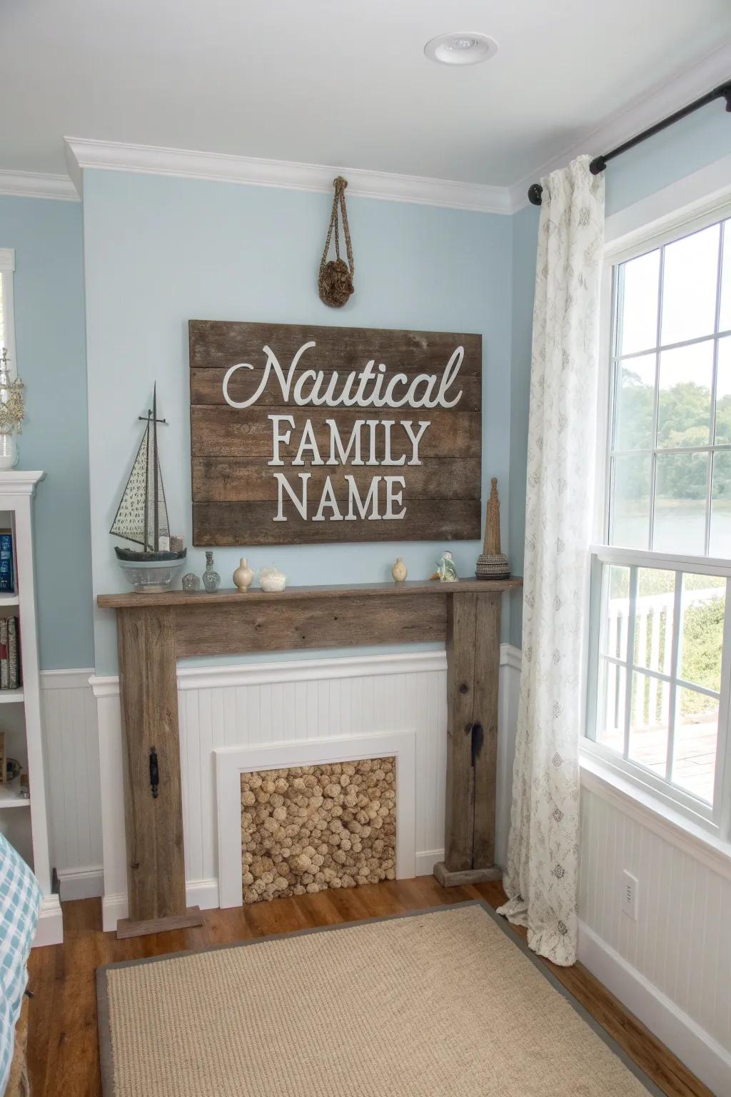 A nautical-themed surname display enhancing a coastal space's aesthetics.