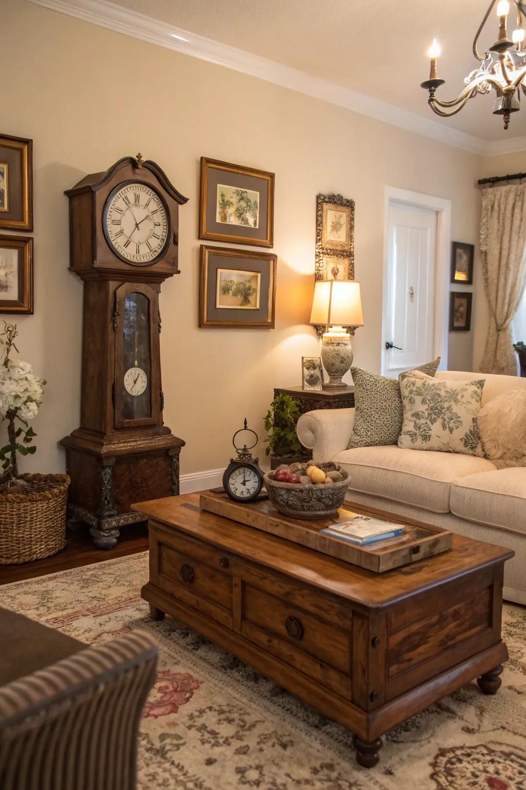 A family room enriched with character through vintage treasures.