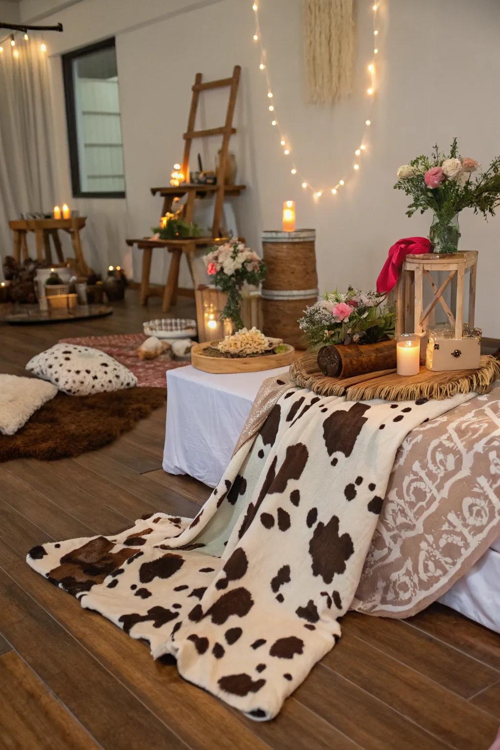 Bovine hide print embellishments append a stylish and thematic constituent to the celebration.