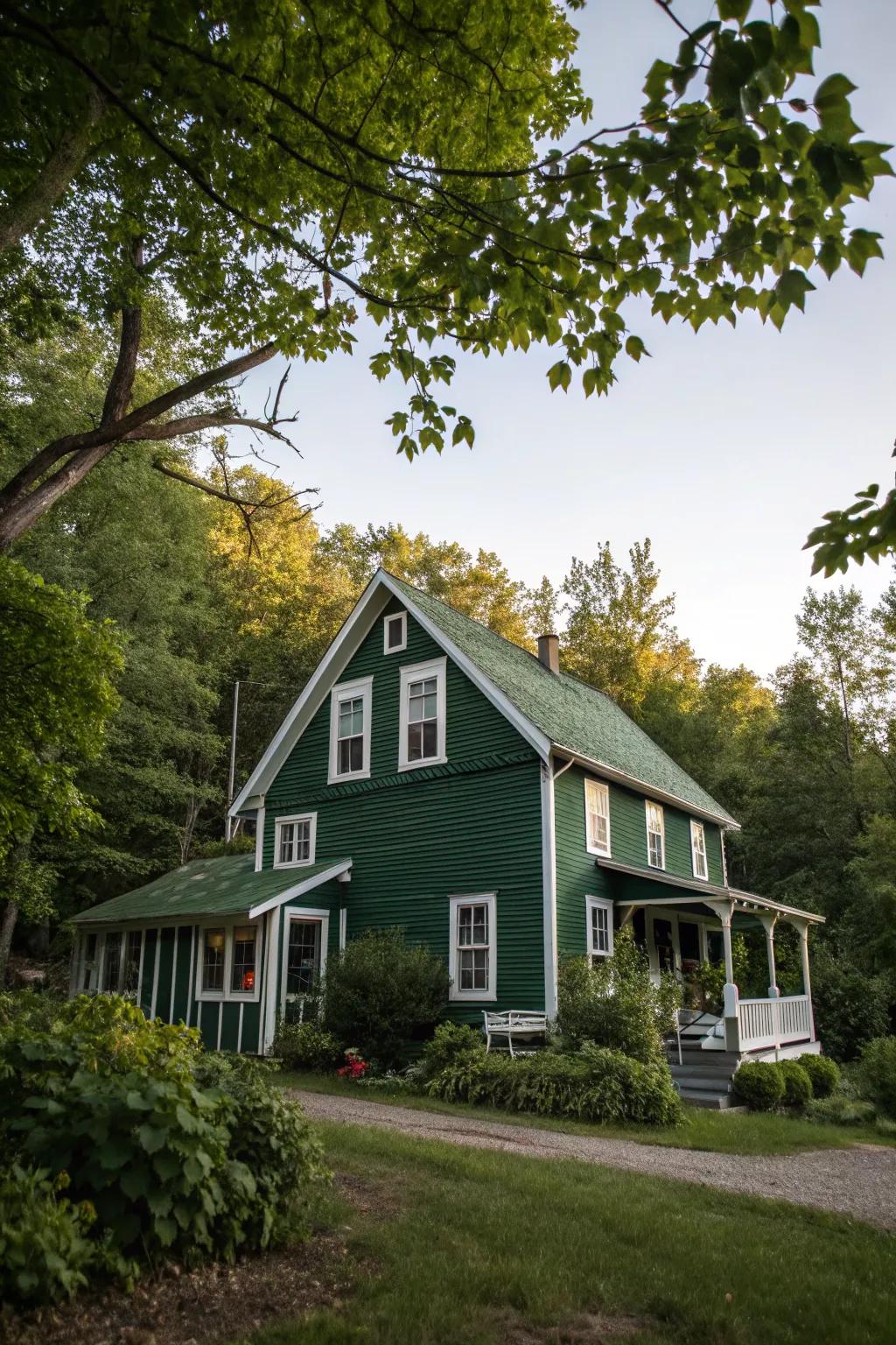 Profound forest green introduces a serene and natural touch to this farmhouse.