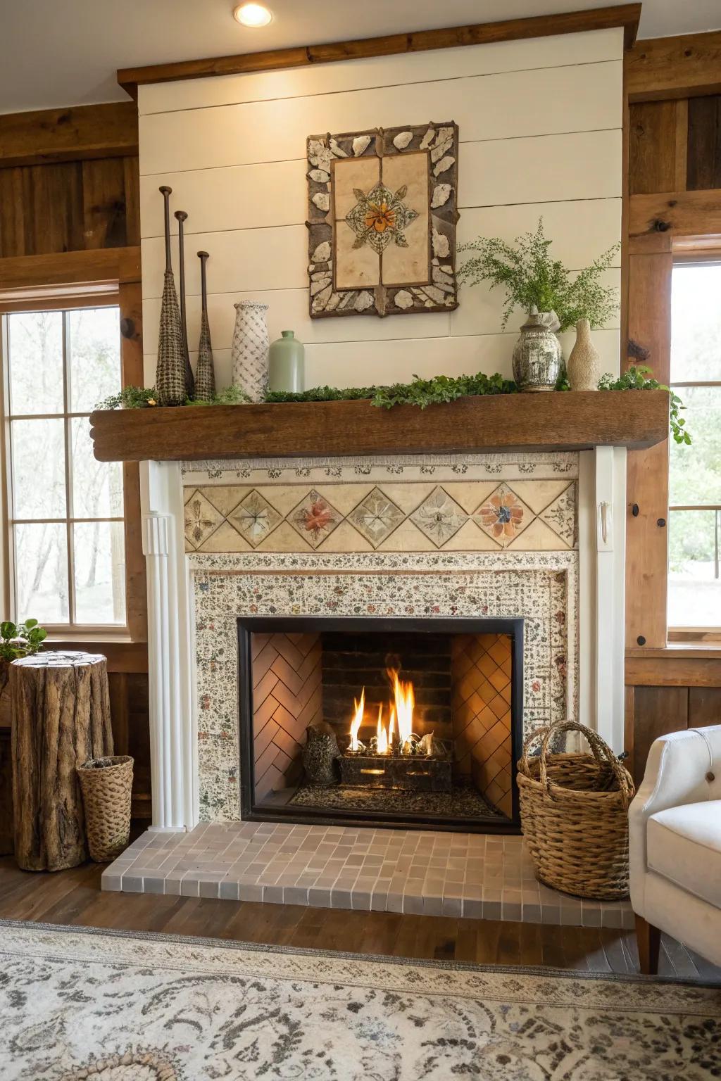 Elegant glass mosaic tiles on a farmhouse fireplace.