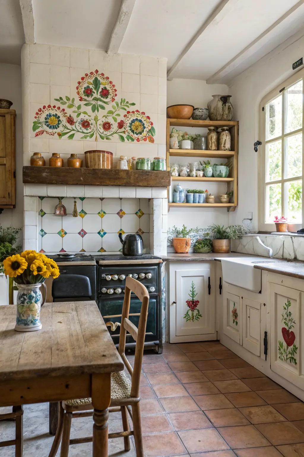 A country-style kitchen featuring a hand-painted block backsplash.