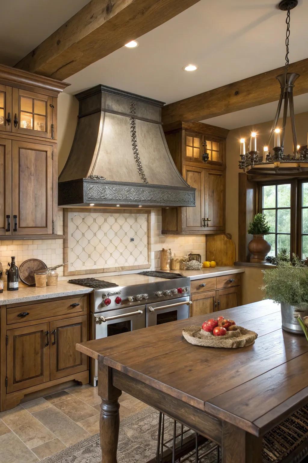 A farmhouse kitchen showcasing a bespoke metal range hood.