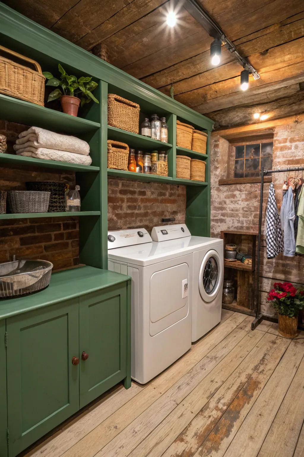 Painted shelves provide a splash of color and character in this farmhouse laundry area.