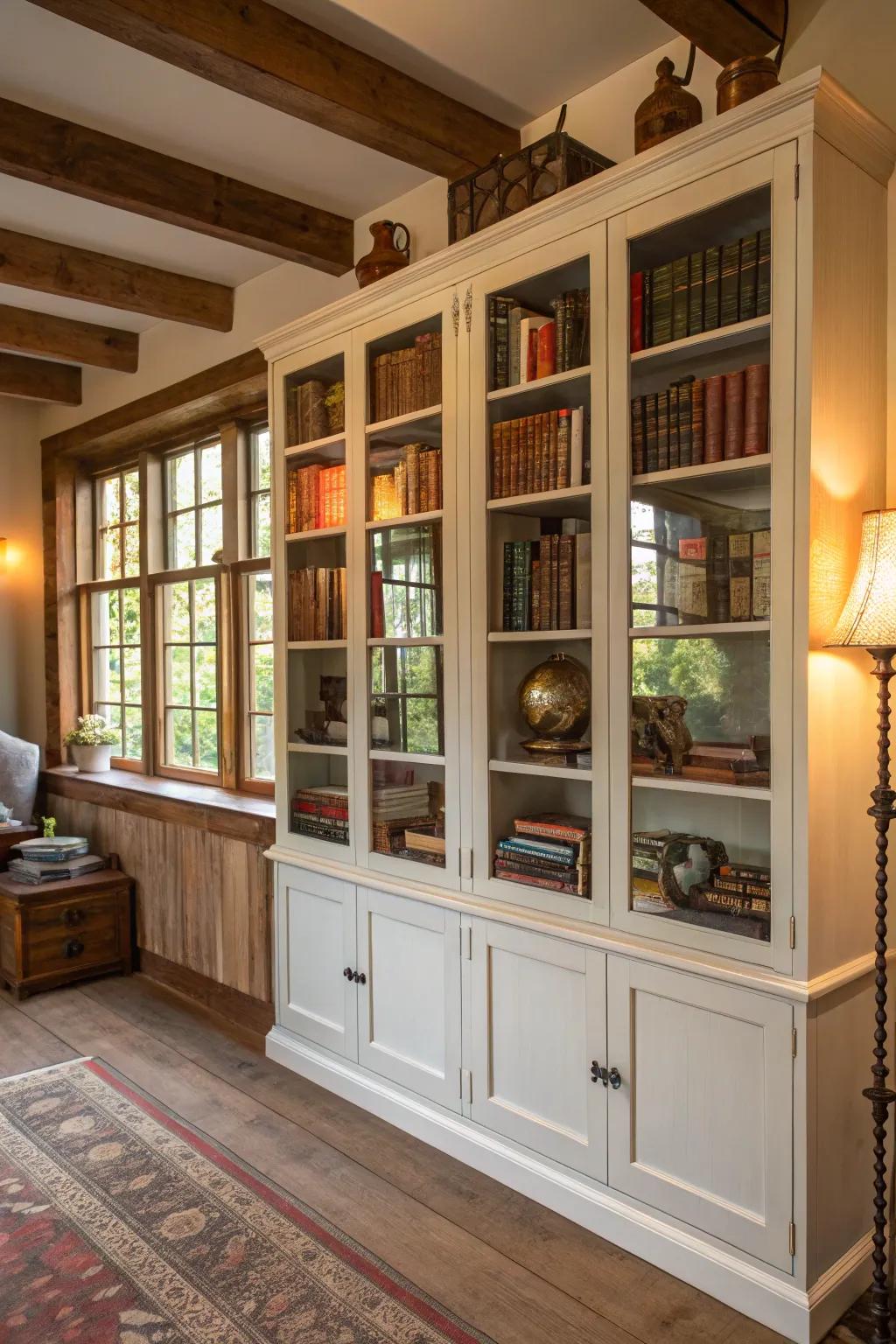 Glass-front cabinets assist in organizing and presenting books and collectibles elegantly.