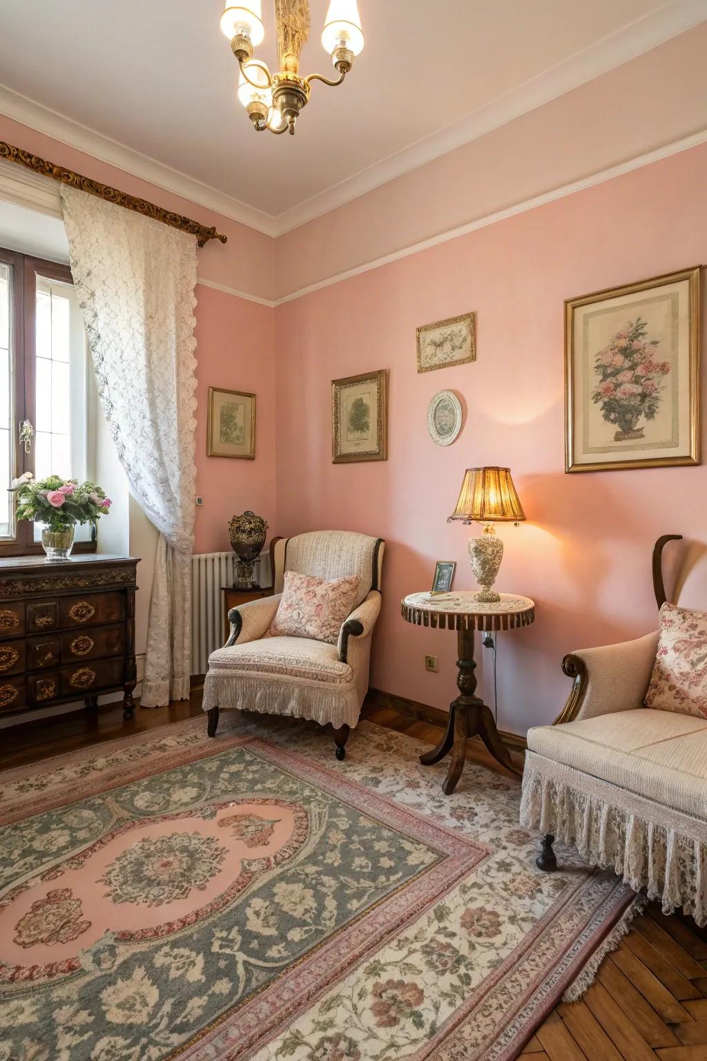 Rouge pink walls add a romantic touch to this guest room.