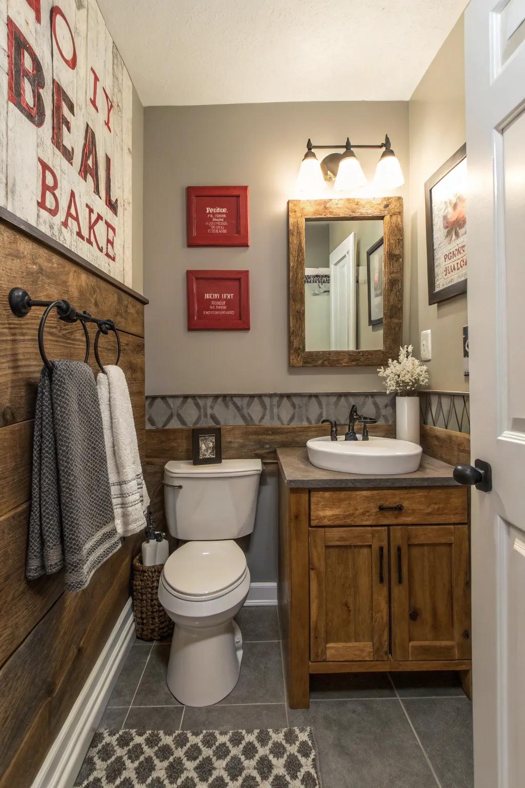 A statement wall injects a theatrical focal point into this farmhouse bathroom.