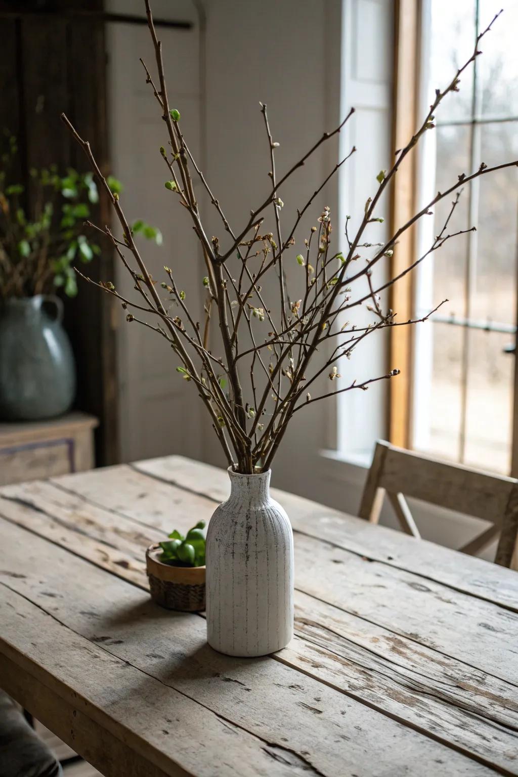 Natural branches and twigs deliver a raw and minimalist centerpiece.