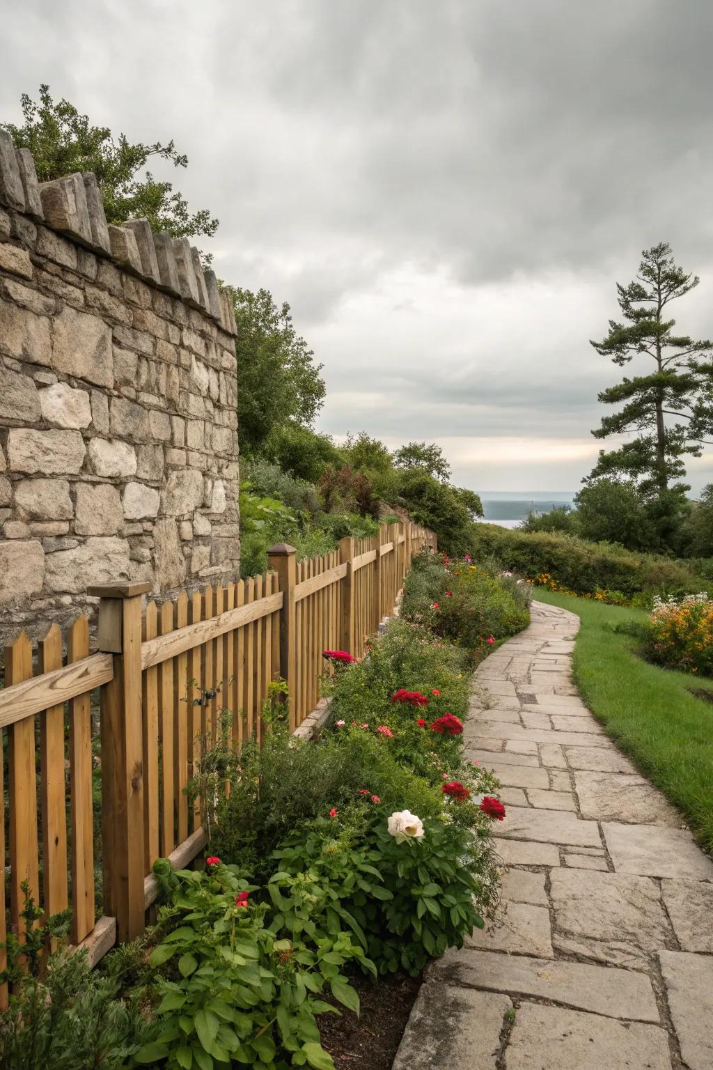 Unite resilience and elegance through stone and wood fences.