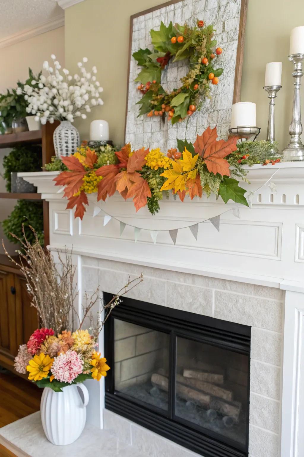 Seasonal elements sustain the vibrant and captivating nature of your mantel.