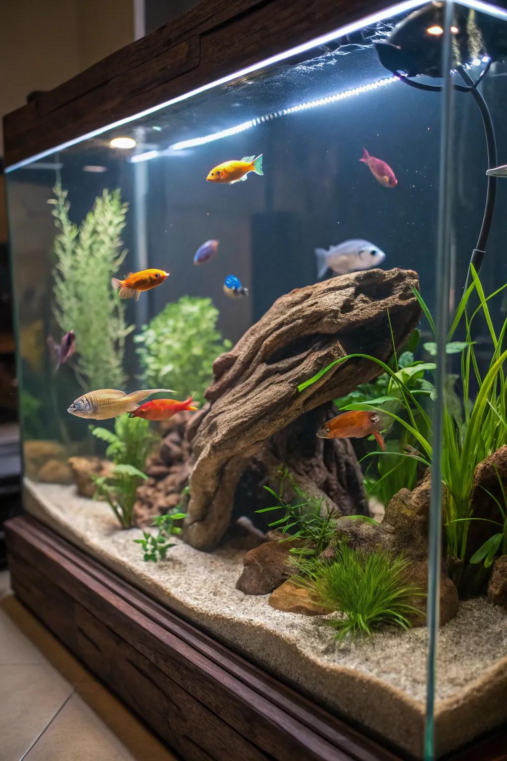 An aquarium featuring rustic timber components