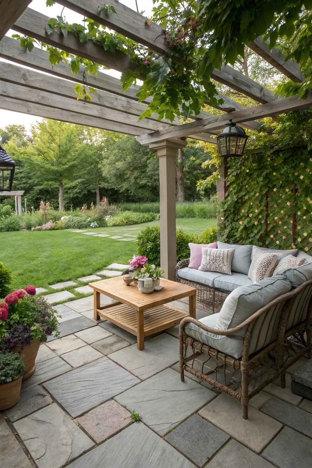 A secluded sitting recess situated on a flagstone patio.
