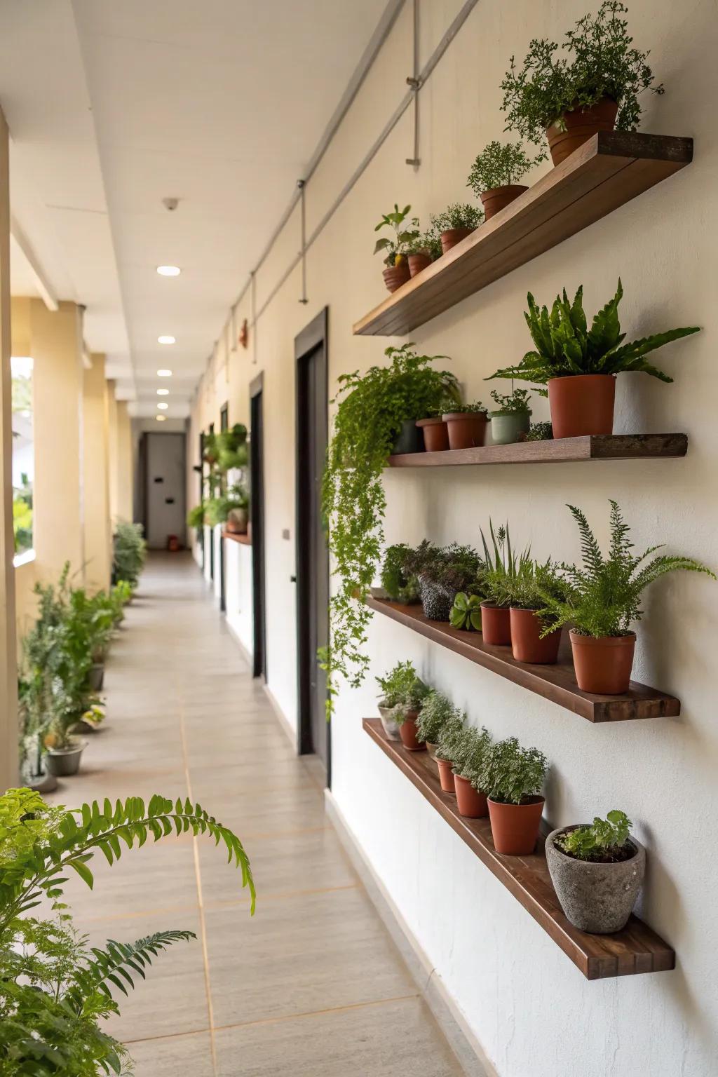Introduce vitality to your hallway through flora on floating shelves.