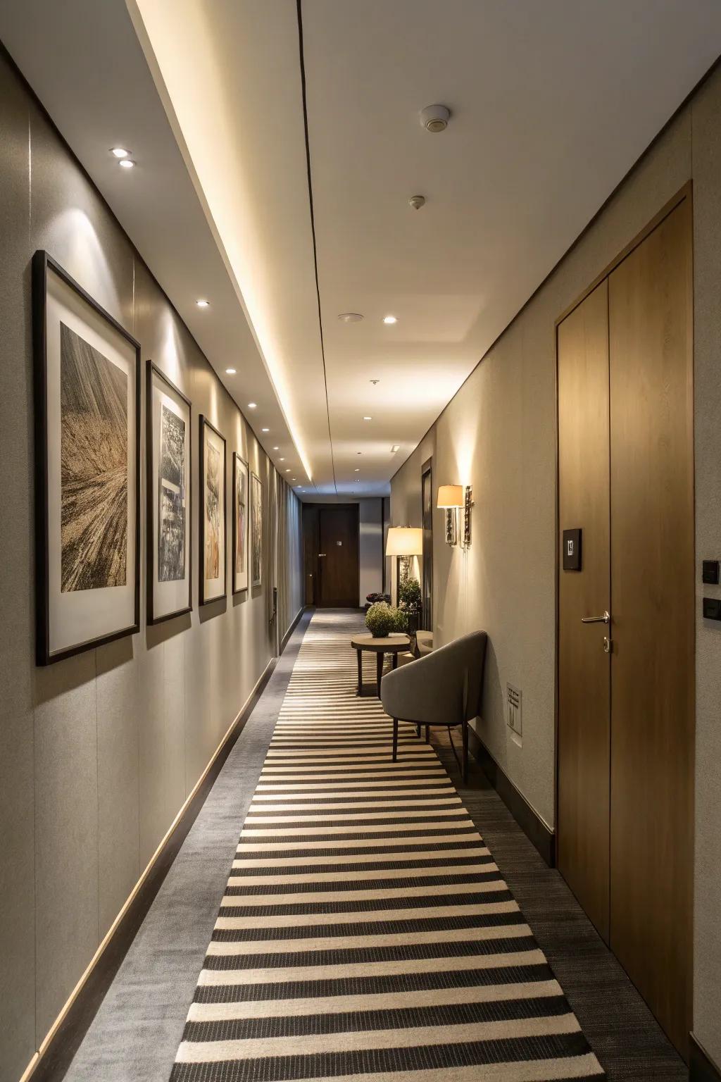 Striped floor coverings can visually broaden and guide the eye through a space.