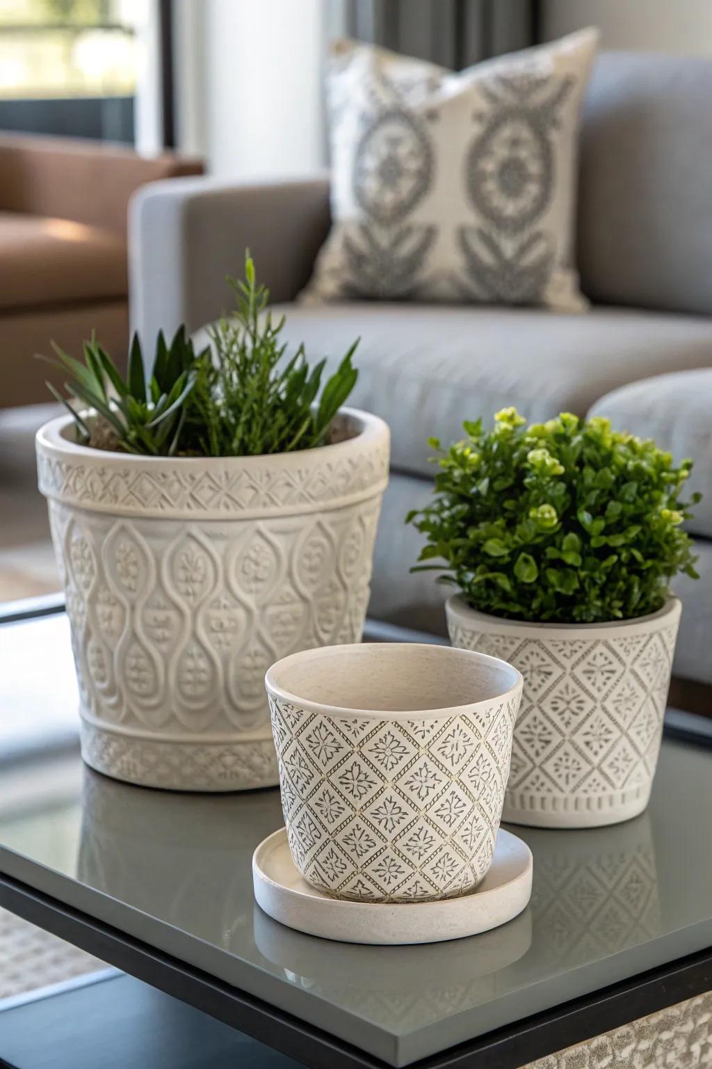 Integrate distinctive textures through embossed floral receptacle designs.